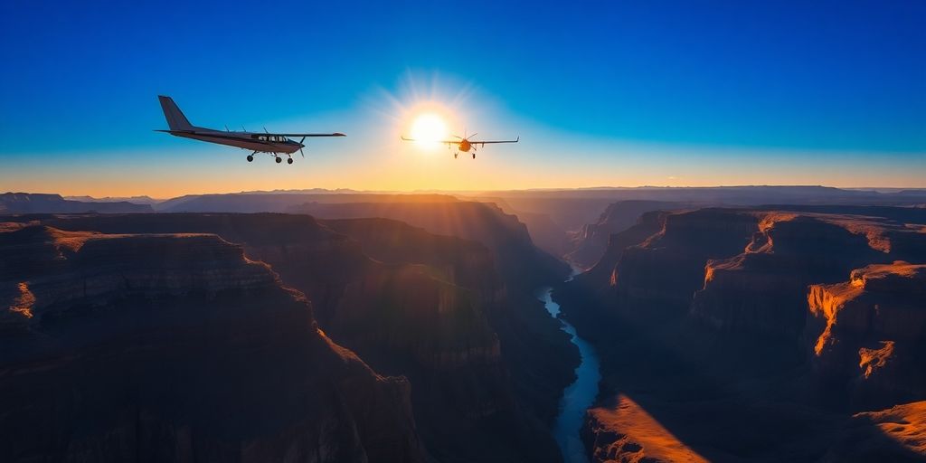 A small propeller plane flying over the Grand Canyon.