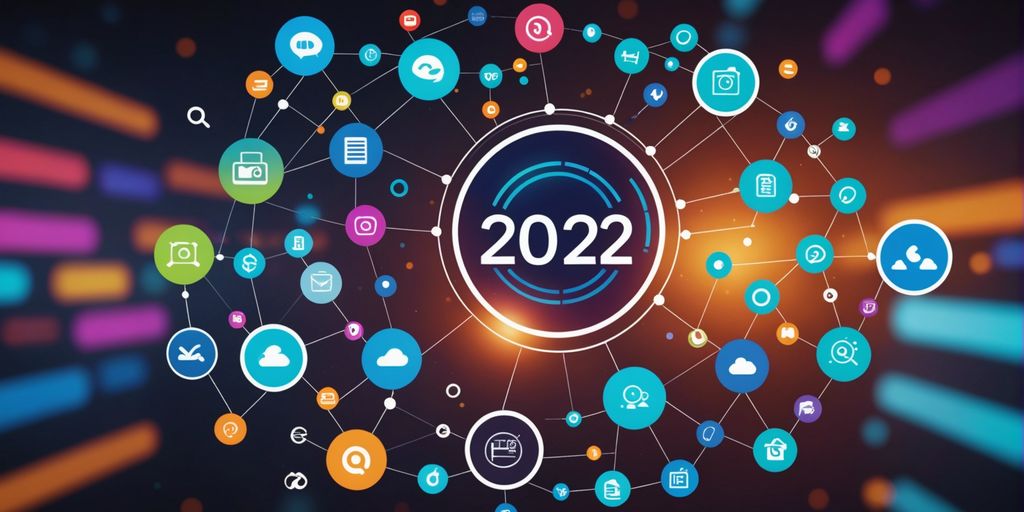 Futuristic digital marketing concept with icons for 2024 content trends, including video, social media, and AI-driven strategies.