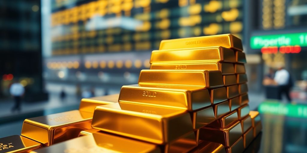 Des barres d'or empilées, reflétant la lumière.