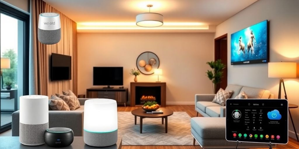 Smart home gadgets in a modern living room setting.