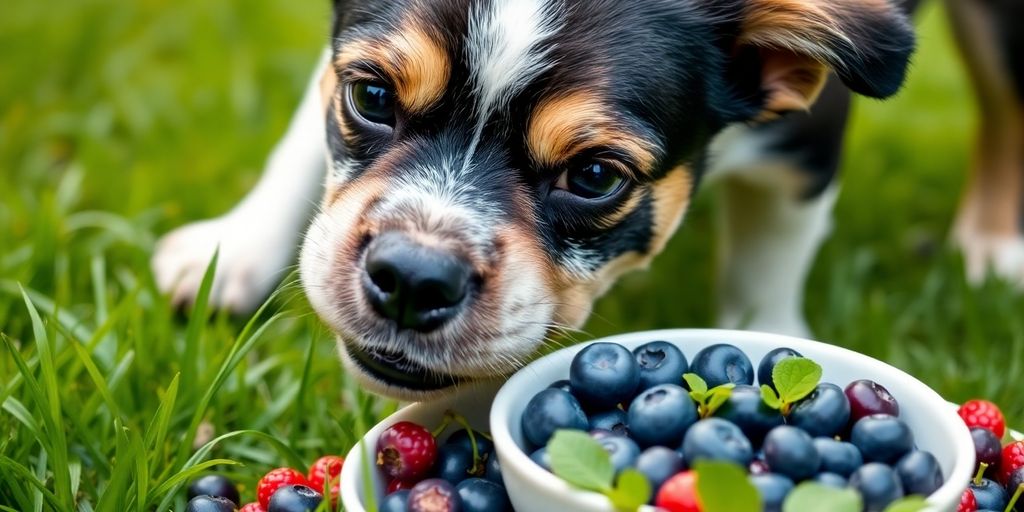 Dog with blueberries in a bowl on green grass.