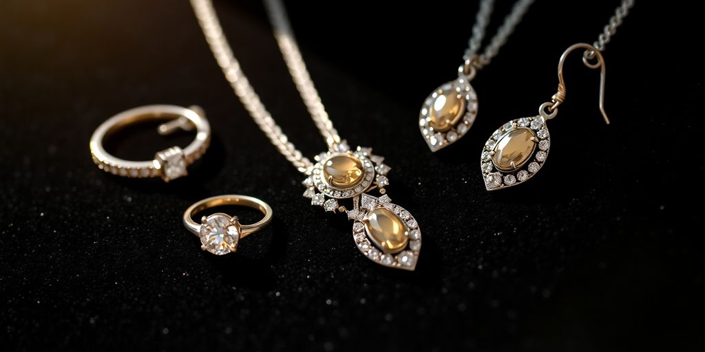 Bague, collier, boucles d'oreilles sur un tissu sombre.