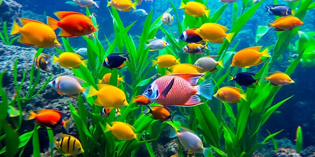 Makukulay na isdang tropikal na lumalangoy sa isang masaganang aquarium.