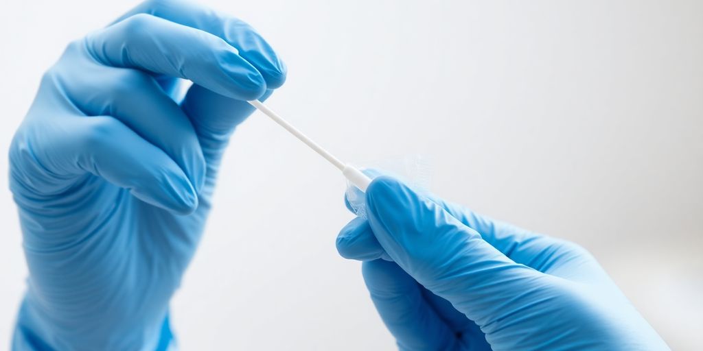 Close up of a person's hands holding a medical swab.