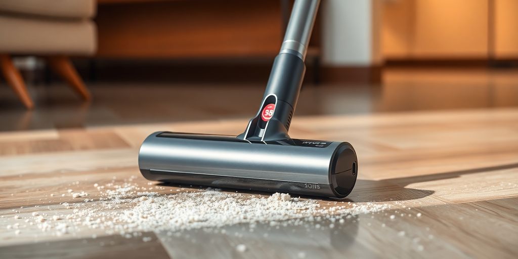 Moderne Akku Staubsauger auf einem Boden mit Staub.