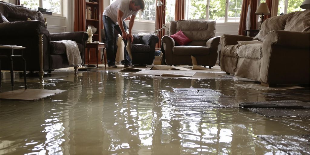 Homeowner dealing with water damage in living room.