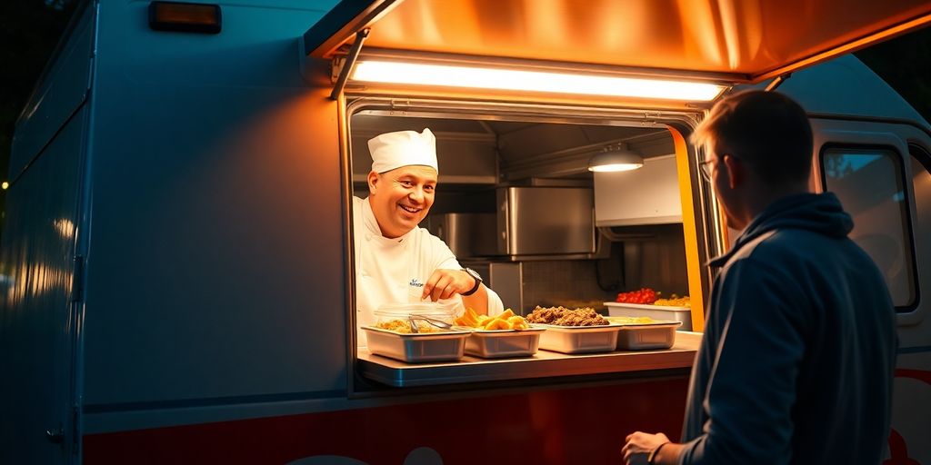 Mobile food van with cheerful chef serving customers.
