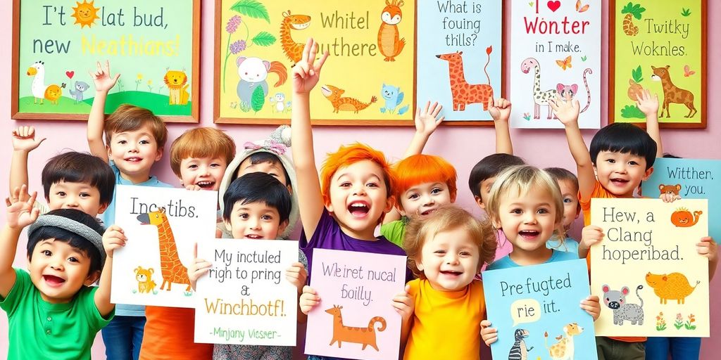 Children happily interacting with colorful animal posters.