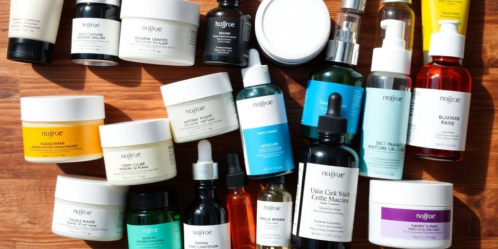 Diverse skincare products for mixed skin on wooden surface.