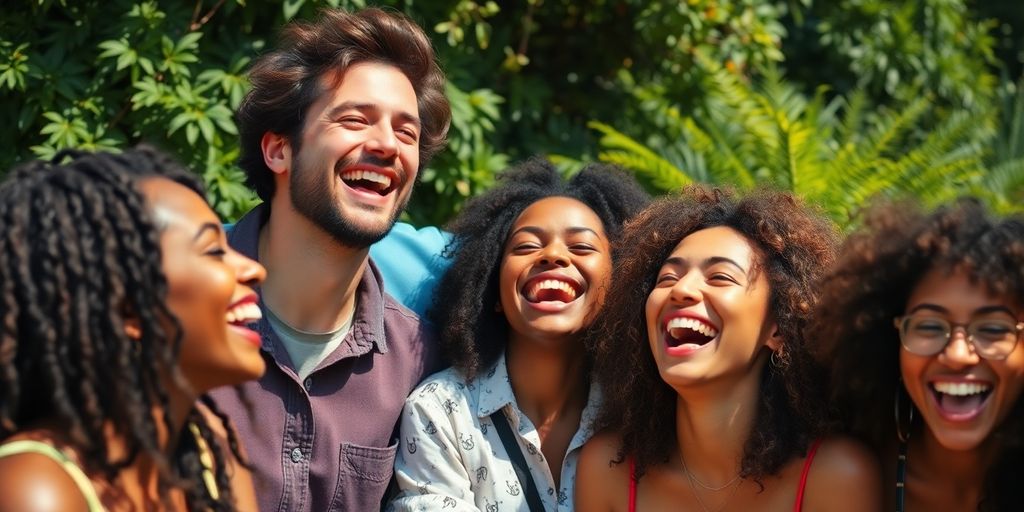 Lachende mensen in een zonnige, groene omgeving.