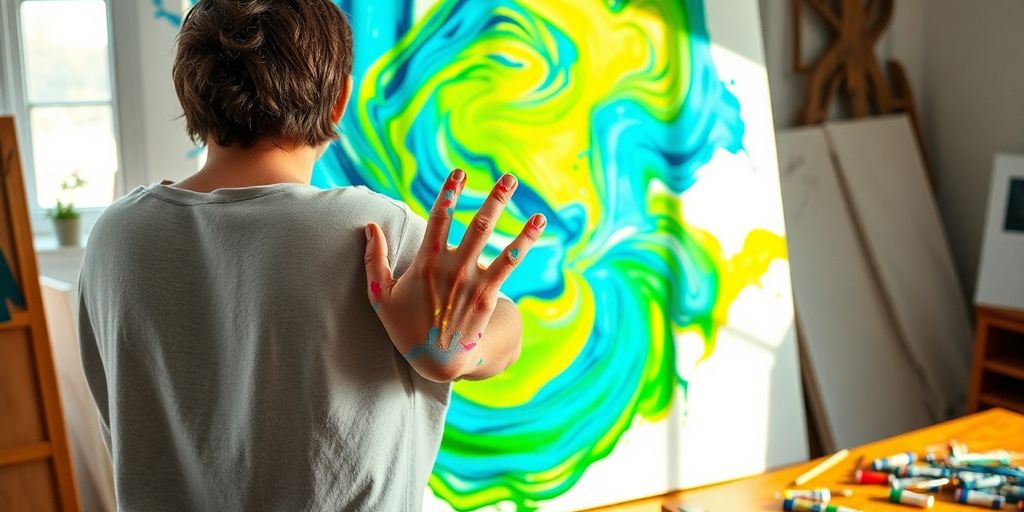 Person painting vibrant colors on large canvas.