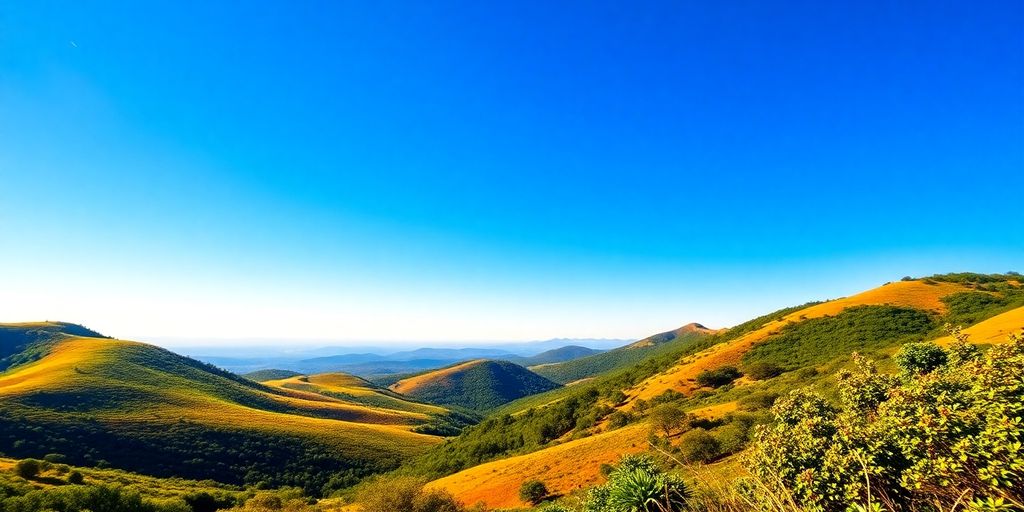 Peisaj natural vibrant cu coline verzi și cer albastru.