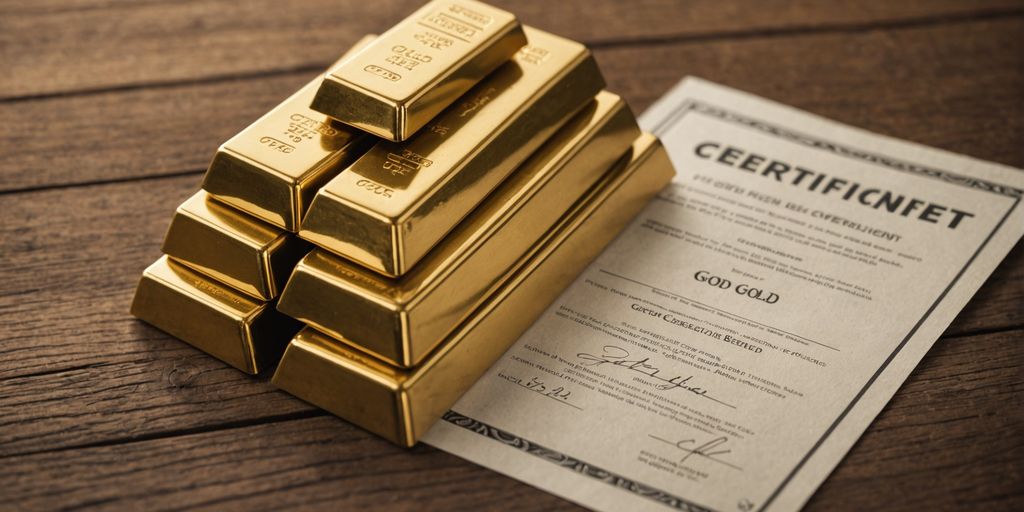 Gold bars and paper certificate on table