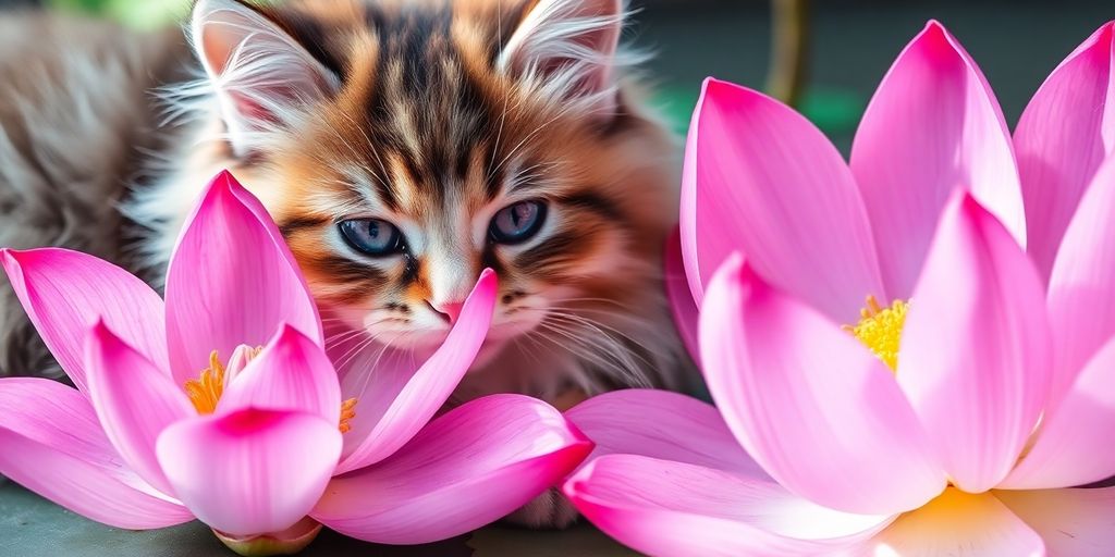 A serene cat sitting near a blooming lotus flower.