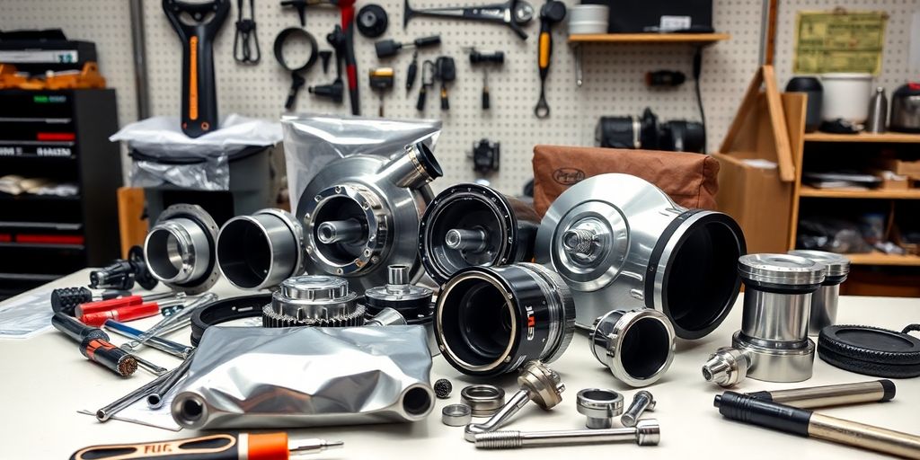 Mazda parts displayed on a workbench