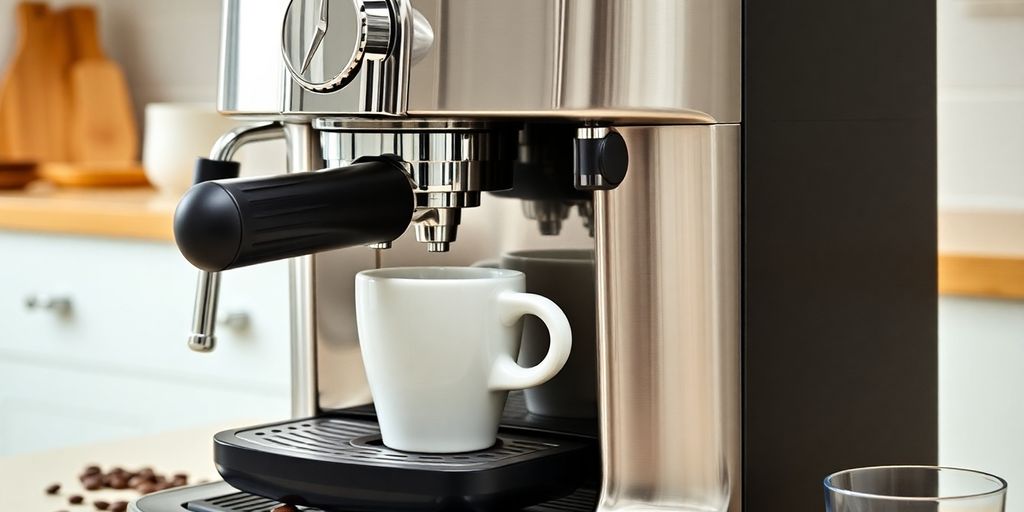 Saeco Poemia espresso machine with coffee cup and beans.