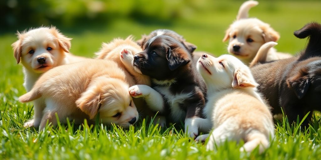 Happy puppies playing in a sunny grassy field.