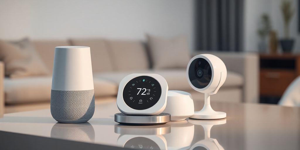 Sleek smart home gadgets arranged on a modern tabletop.