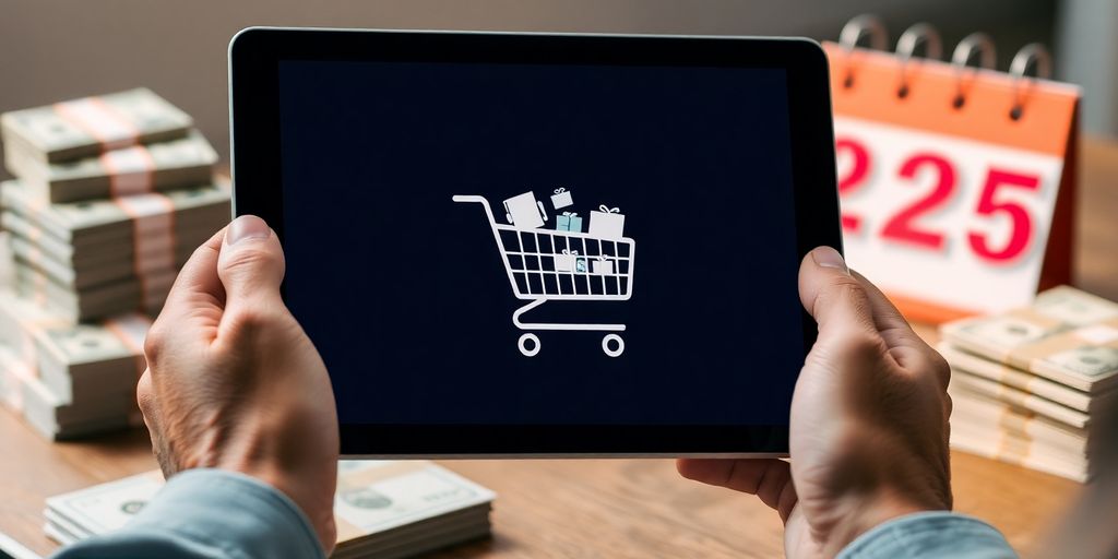Person holding tablet with shopping cart on screen.