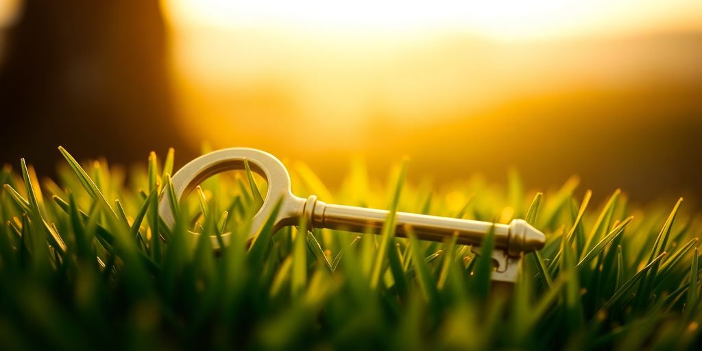 Golden key on grass, symbolizing wealth potential.