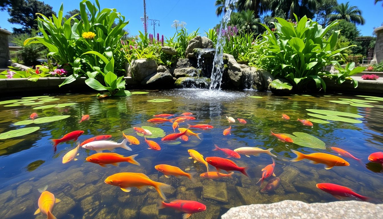 Serene water garden with fish and lush plants