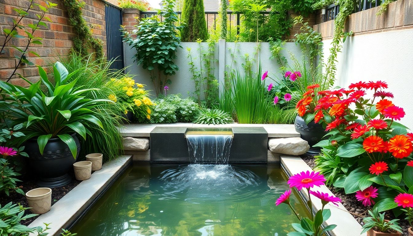 Small urban garden with a tranquil water feature.