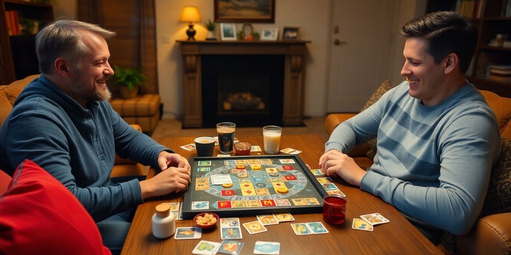Zwei Spieler genießen ein Gesellschaftsspiel in einem gemütlichen Raum.