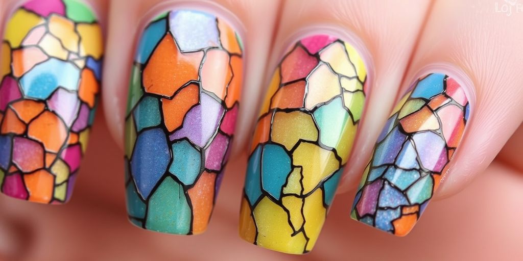 Unhas craqueladas com efeito colorido e elegante.