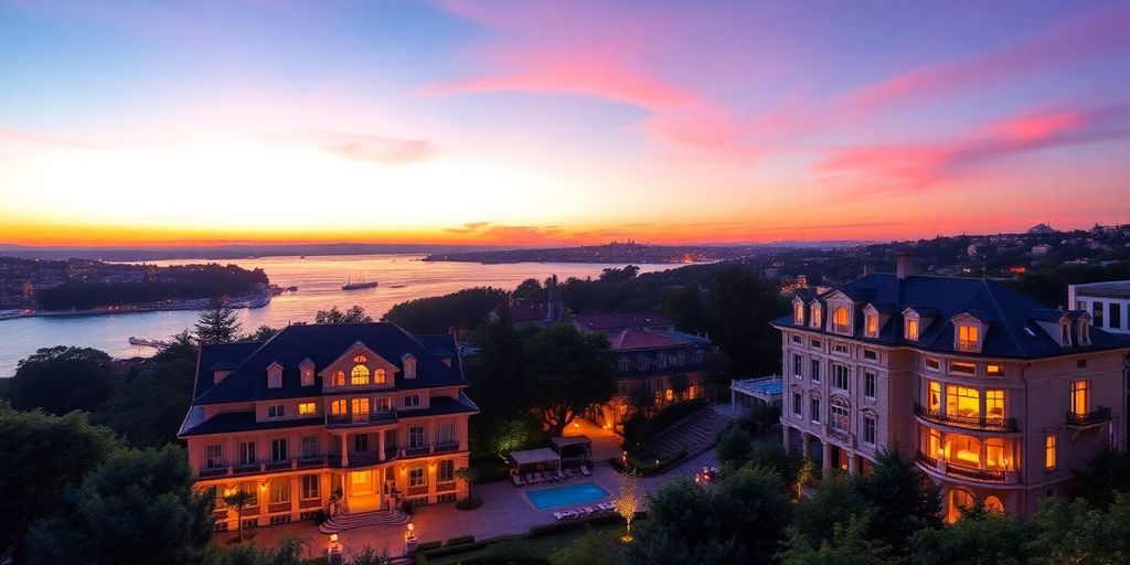 Romantic hotel view over the Bosphorus at sunset.