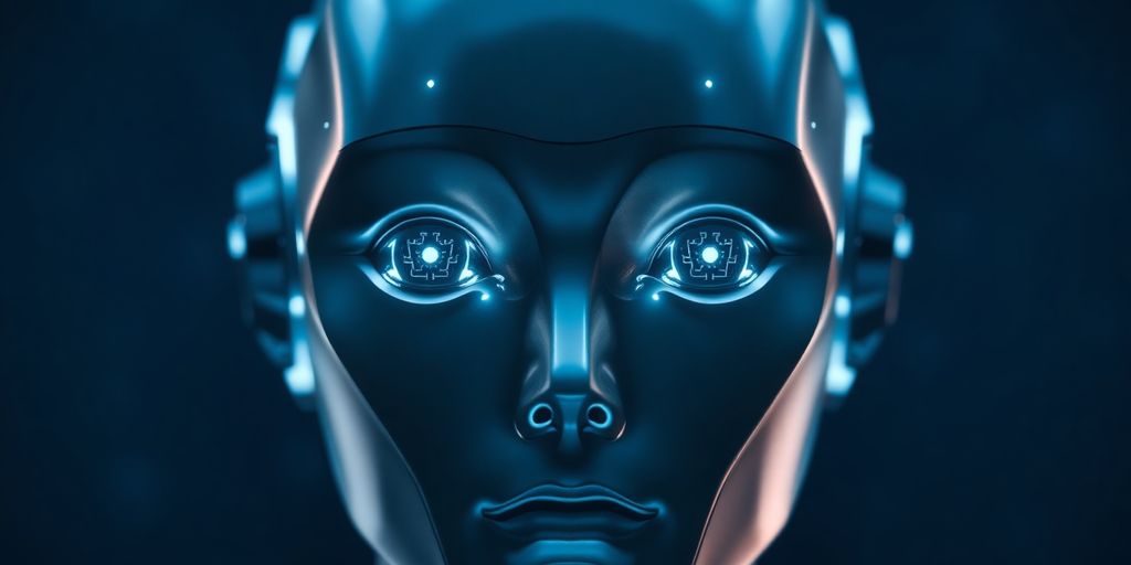 Futuristic humanoid robot head, glowing eyes, digital circuits.