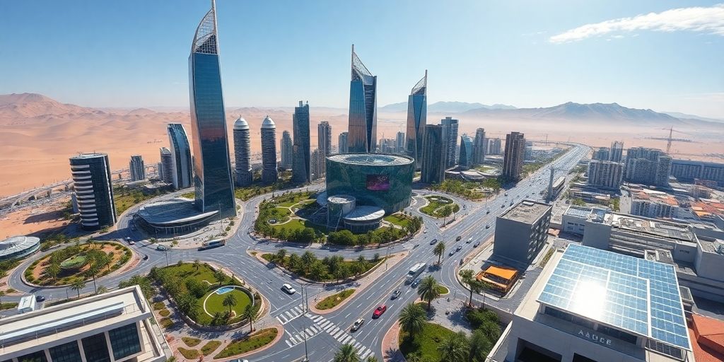 Futuristic smart city rising from desert with modern buildings.