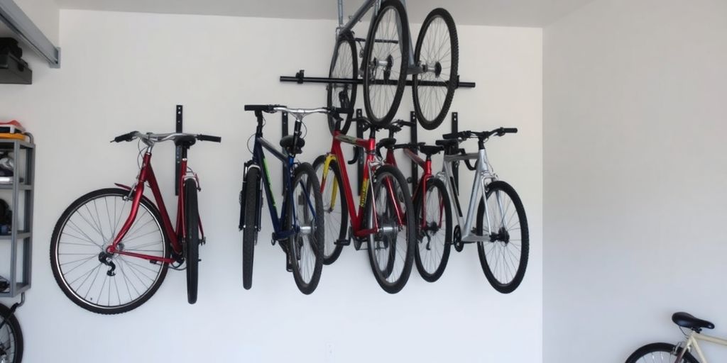 Multiple bike hanger with various bicycles neatly arranged.