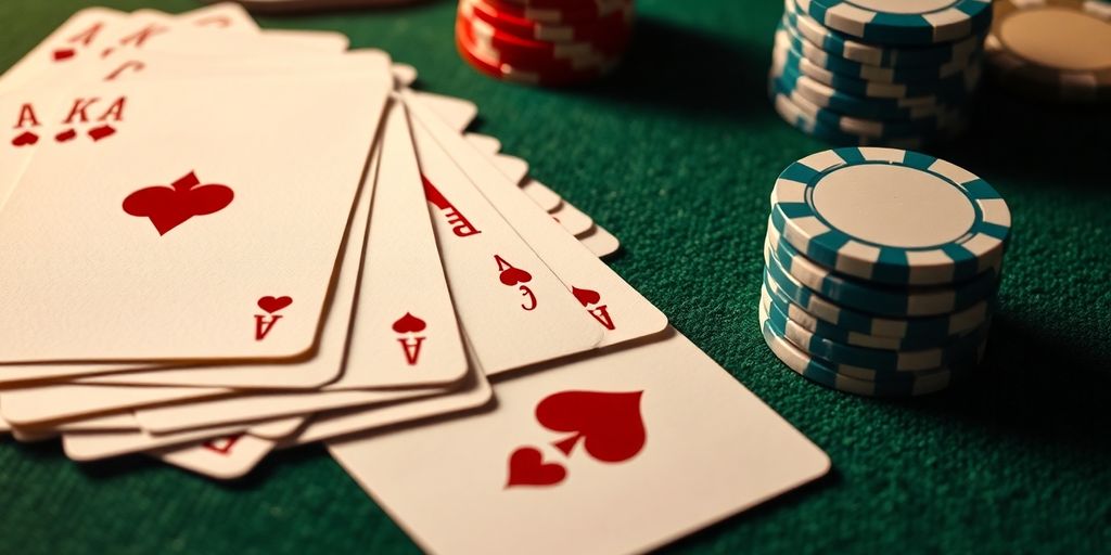 Blackjack cards and chips on a felt table.