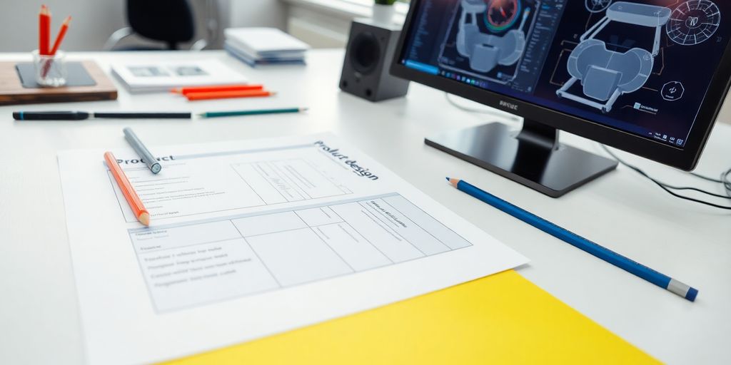 Close-up of a designer's workspace with tools.