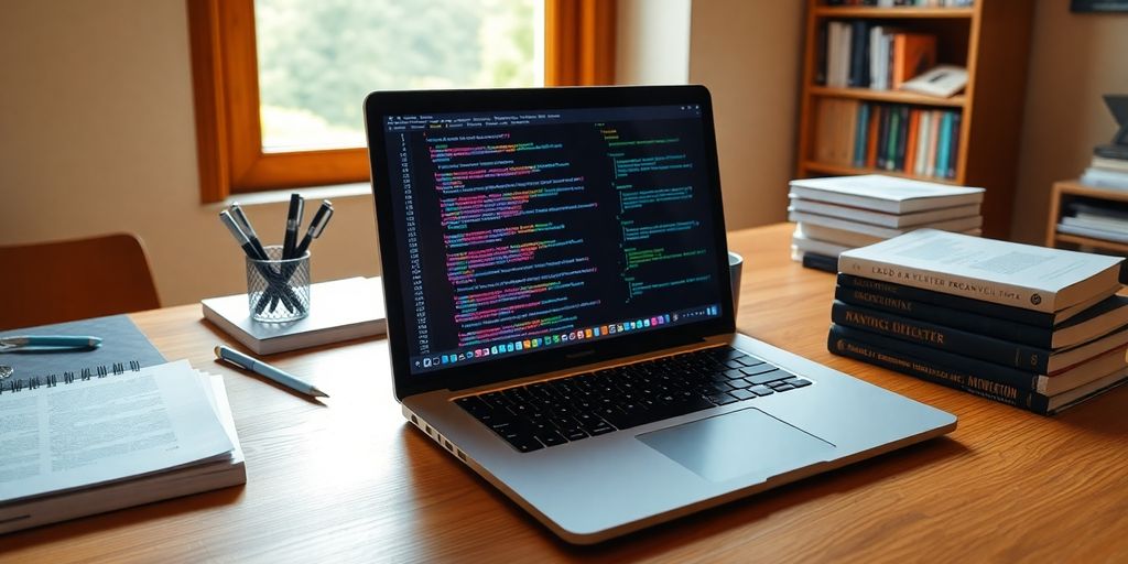 لاب توب أنيق مع كتب وأدوات دراسية