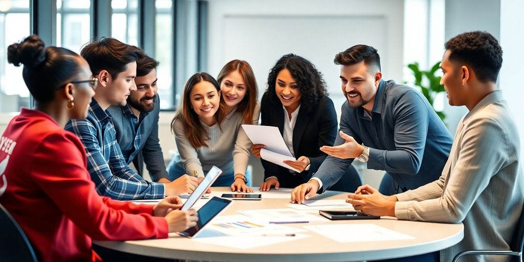 Professionals collaborating in a modern office setting.