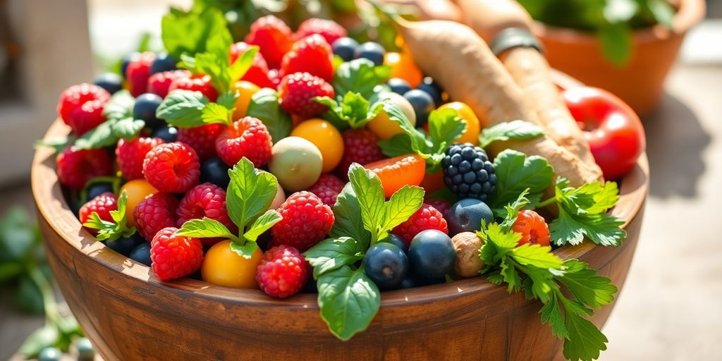 Bowl of colorful fruits and vegetables.