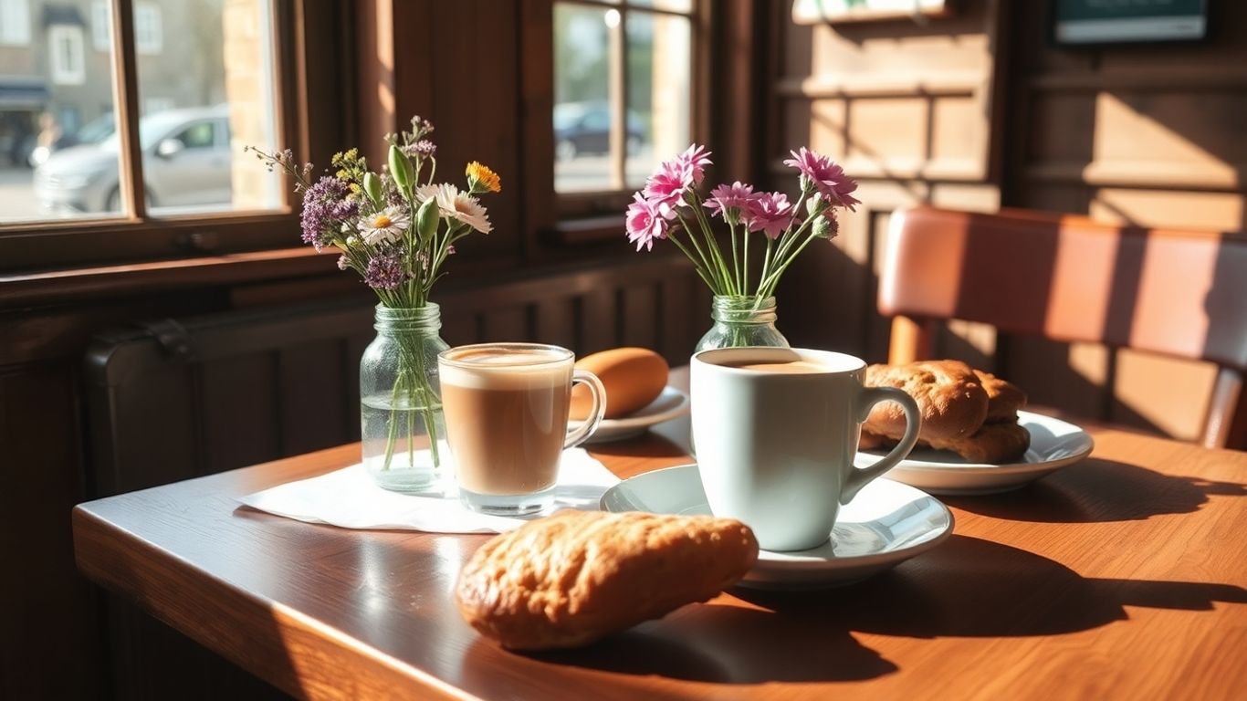 Rustic café table with coffee, pastries, and flowers