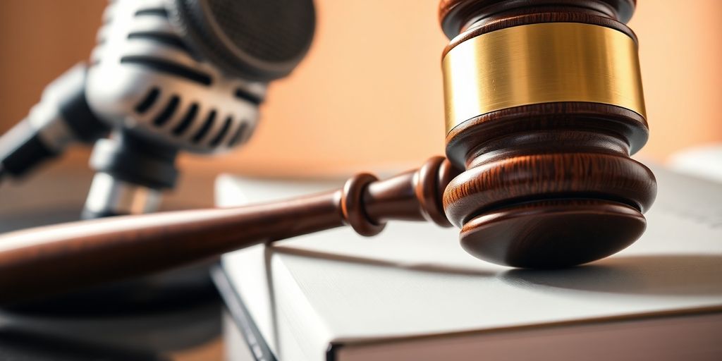 Gavel, law book, and microphone.