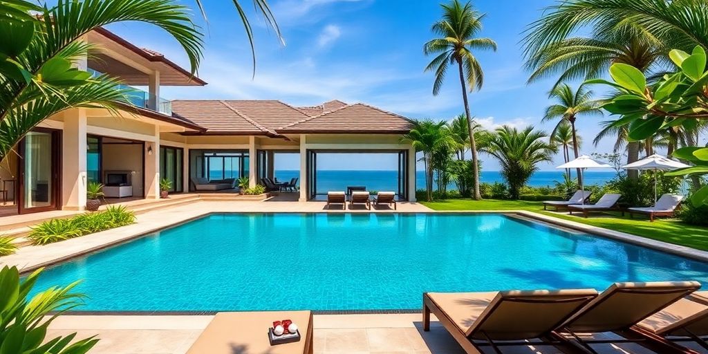 Luxury villa in Phuket with pool and tropical gardens.