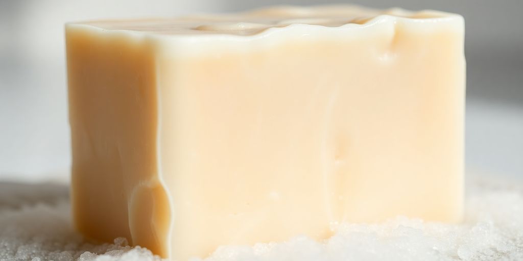 Creamy goat milk soap bar with lather.