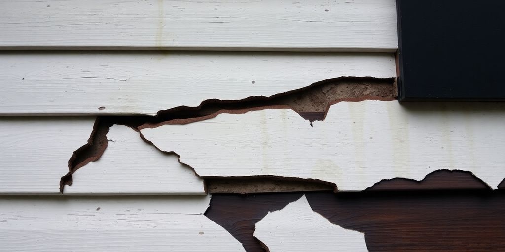 Cracked and peeling house siding with water damage.