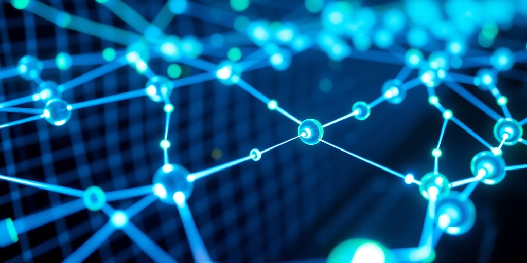 Close-up of blue and green blockchain nodes interconnected.