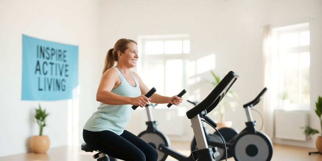 Individual exercising with modified equipment in a bright room.