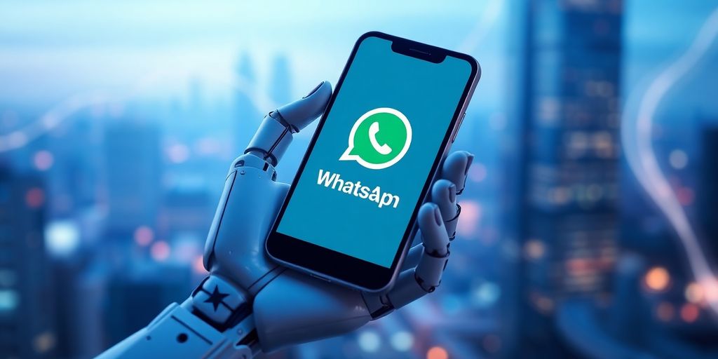 Robotska ruka drži telefon sa ikonom WhatsAppa.