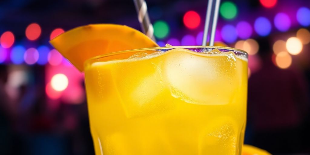 A close-up of a yellow drink with fruit slices.