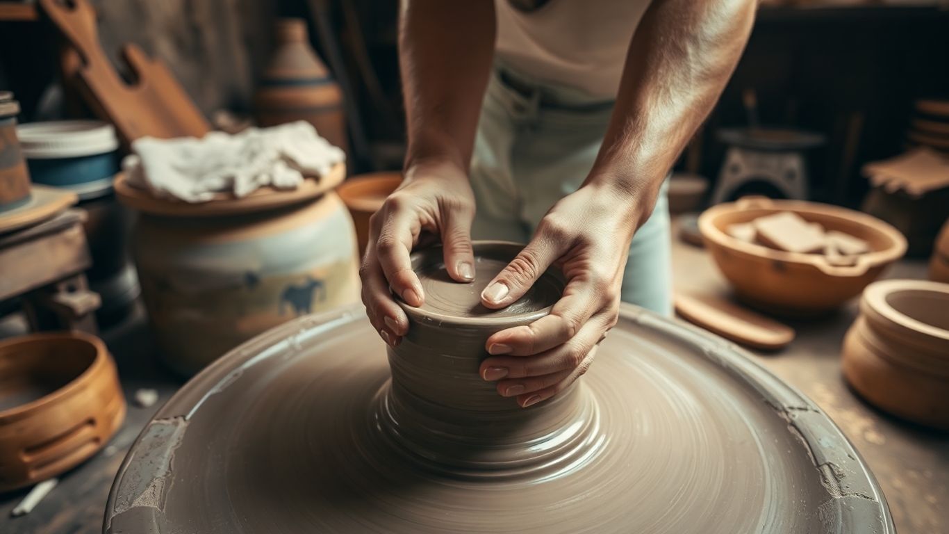 Mains travaillant l'argile dans un atelier corse.