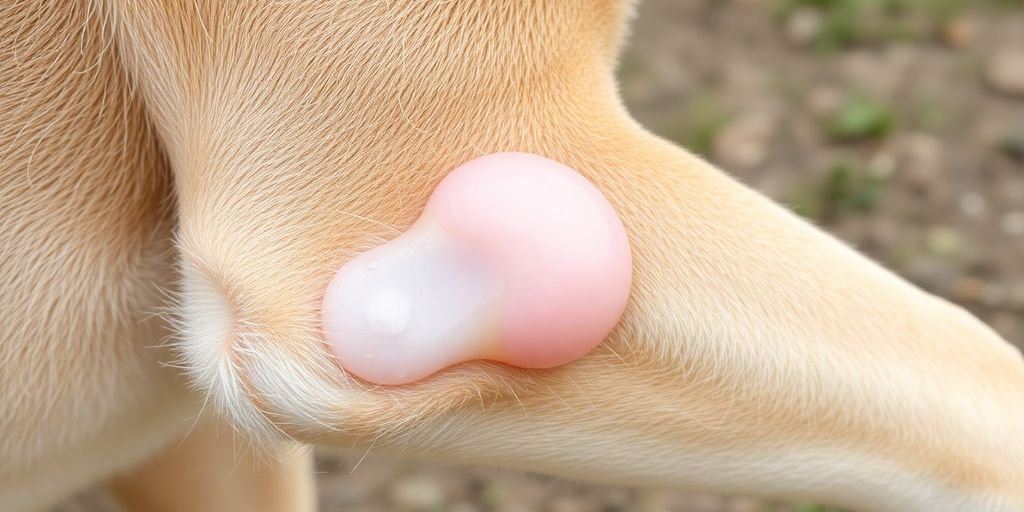 Close-up of a dog's elbow with swelling and hygroma.