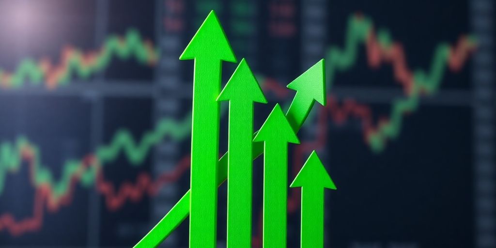 Three upward-trending stock charts with bright green arrows.