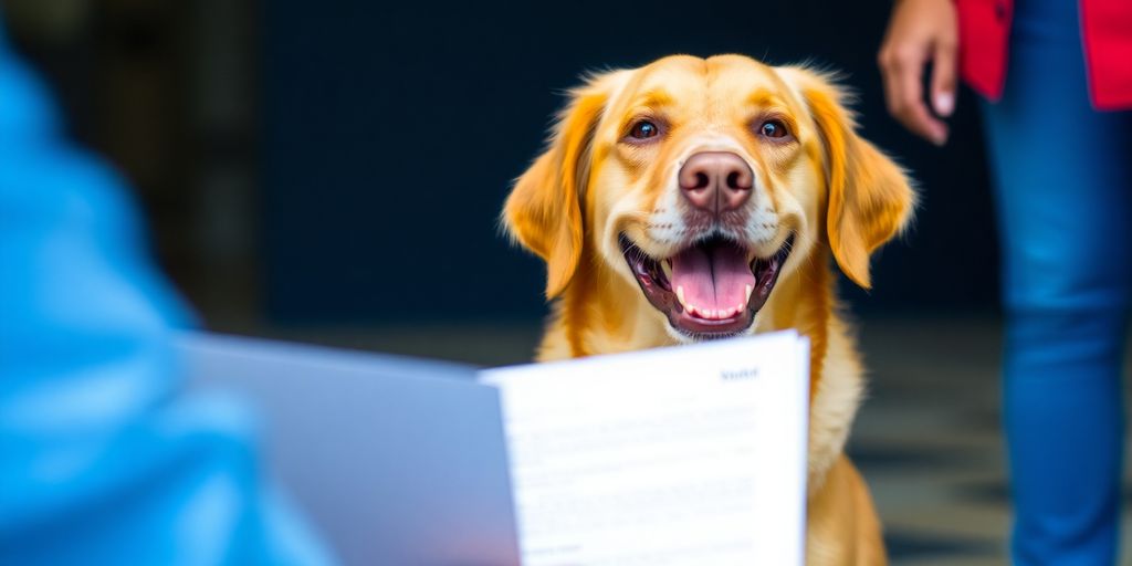 Happy dog near a registration certificate.
